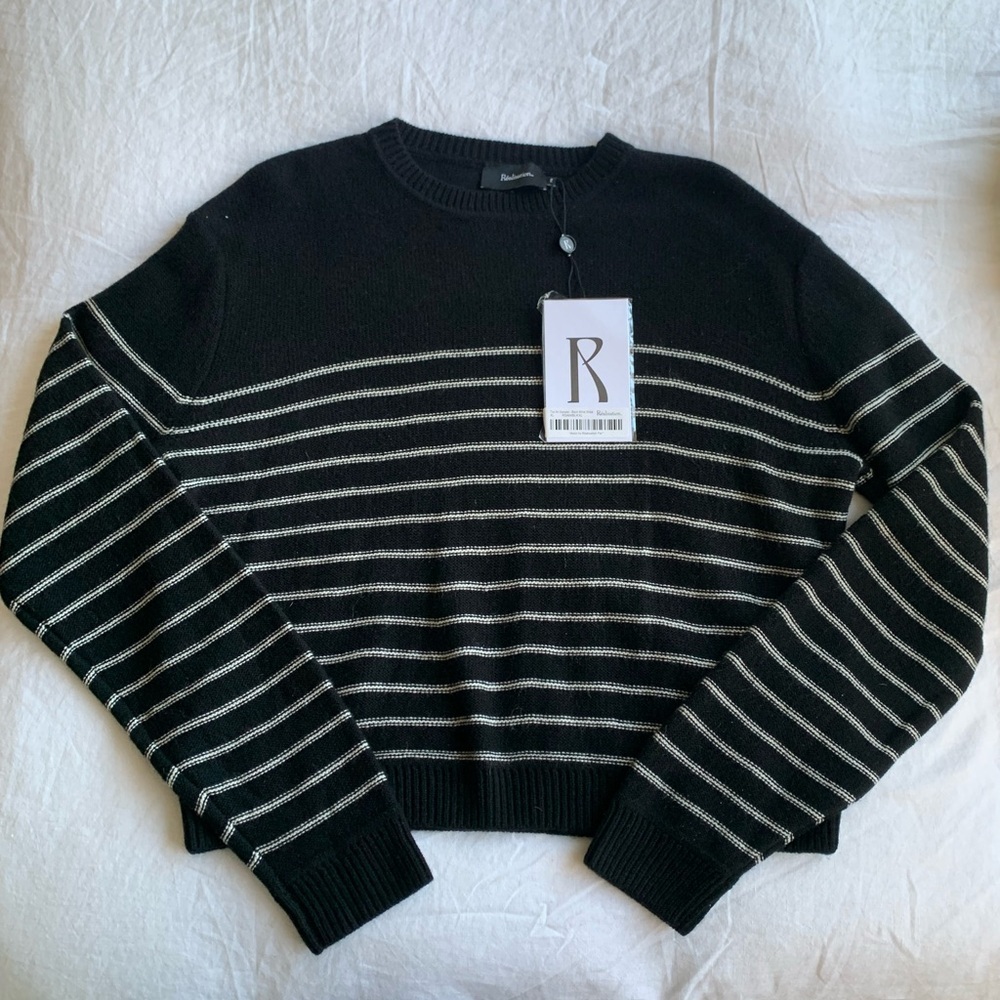 NWT Realisation Par Ani Cashmere Wool Stripe Crewneck Sweater Pepe Black White
